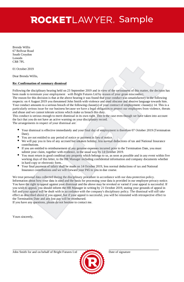 Dismissal Letter For Gross Misconduct UK Template